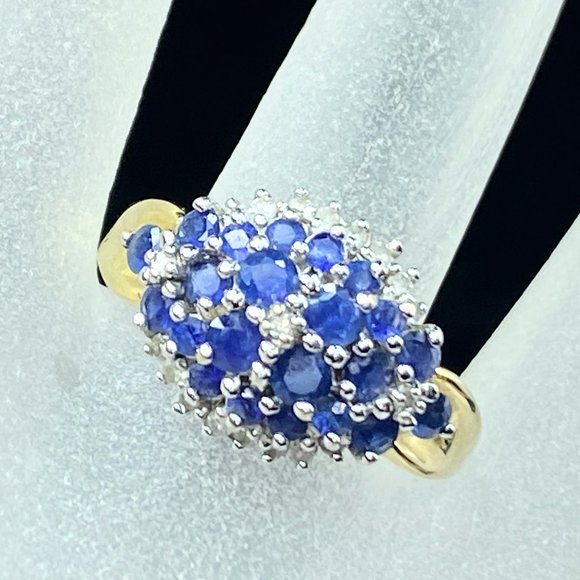 14K yellow gold 1.35ct Blue Sapphire 0.07ct Diamond ring 6.3g s10